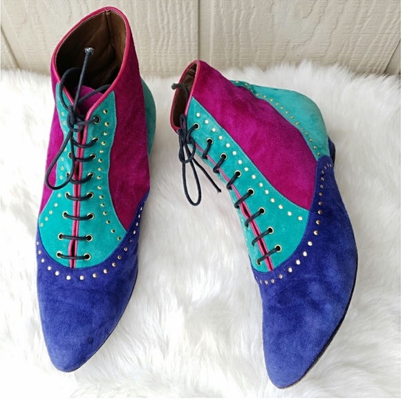 Multicolored Suede Color Block lace Ankle Booties - Picture 4 of 9